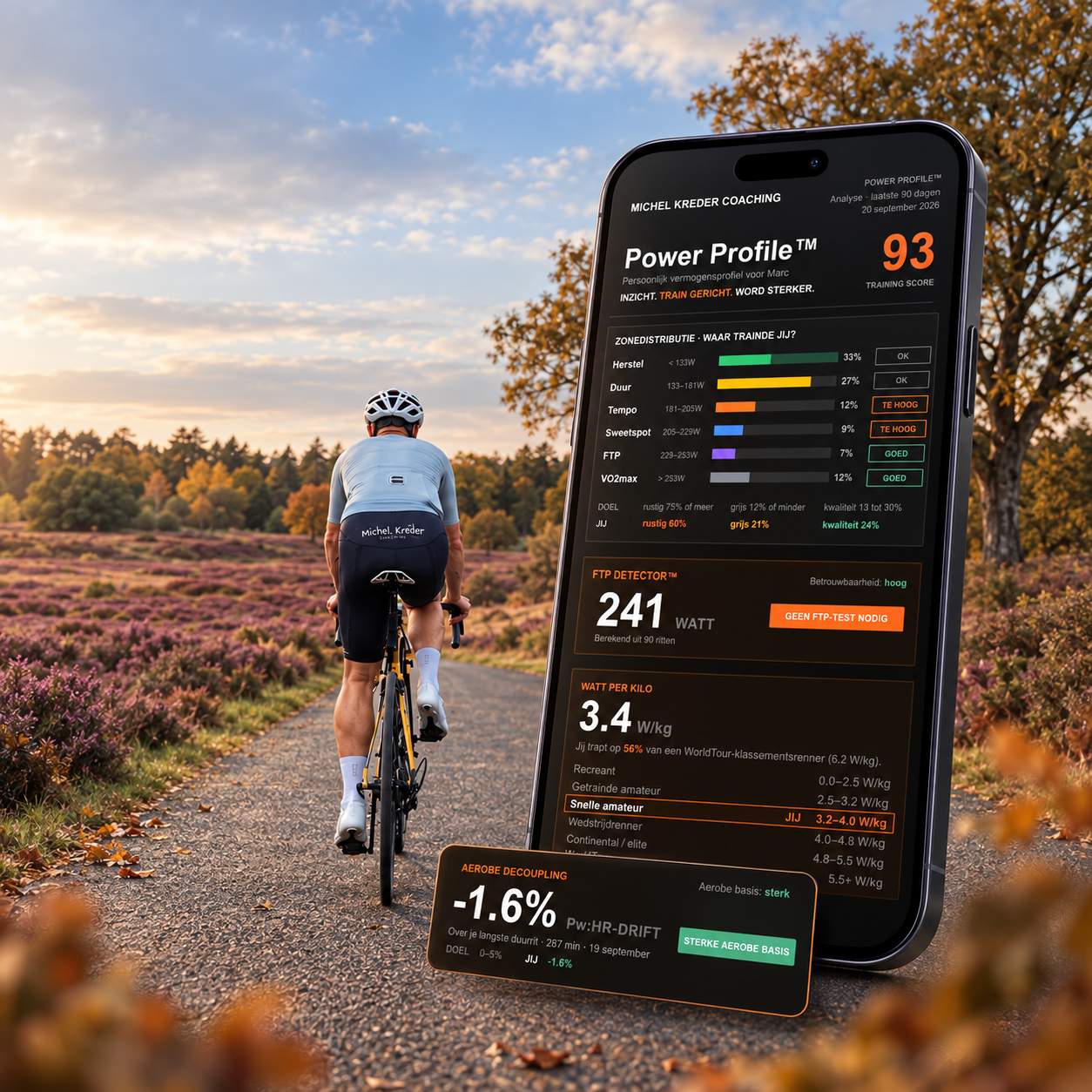Voorbeeld van het Power Profile-rapport op een telefoon, met FTP, watt per kilo, zoneverdeling en aerobe decoupling