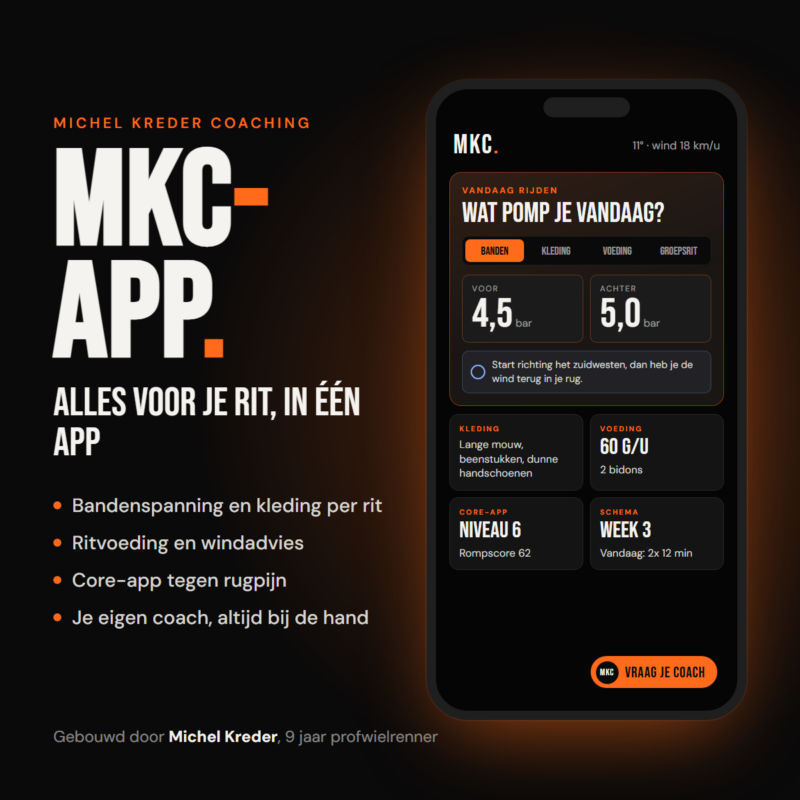 De MKC-app op je telefoon: bandenspanning, kleding, voeding, Core-app en je eigen coach